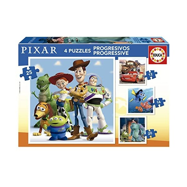 Educa - Pixar Progressifs | Ensemble de 4 Puzzles progressifs pour Enfants de 12 à 25 pièces. Mesurer Une Fois monté: 16 x 16