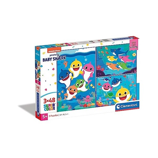 Clementoni Supercolor Pinkfong Baby Shark Shark-3x48 Enfant-boîte de 3 Puzzles 48 pièces -fabriqué en Italie, 4 Ans et Plus