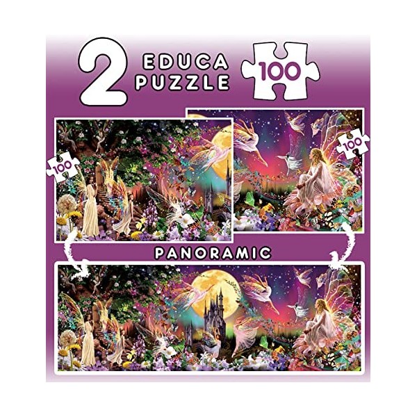 Educa - Triptyque 2x100 Fairy, 2 Puzzles de 100 pièces, Júntas et Vous obtiendrez Un Fantastique Puzzle panoramique, Mesure a