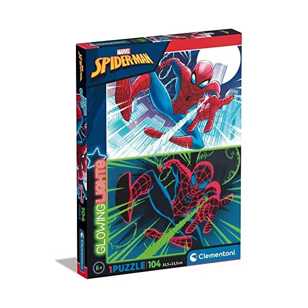 Clementoni- Marvel Spiderman Glowing Lights Collection Spiderman-104 pièces, 6 Ans Enfant, Puzzle Fluorescent-fabriqué en Ita