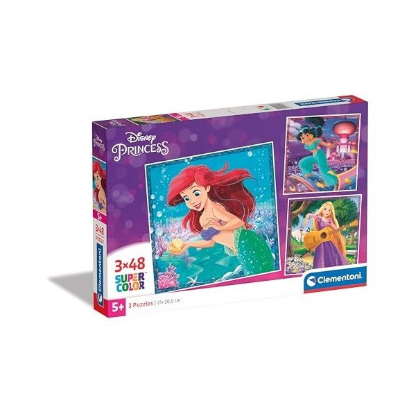 Clementoni- Disney Princess Supercolor Princess-3x48 Enfants 5 Ans, Boîte De 3 48 Pièces , Puzzle Dessin Animé-Fabriqué en I