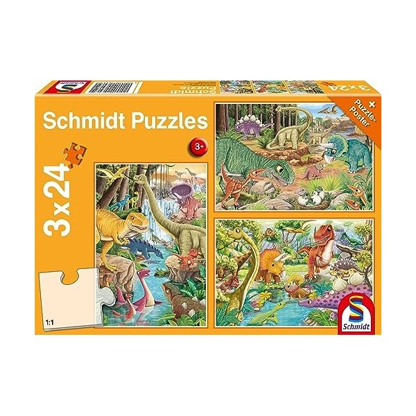 Schmidt Spiele 56465 Puzzle Amusant avec Les Dinosaures, 3 Fois 24 pièces, Coloré