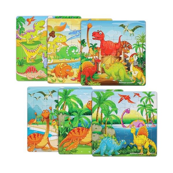 Delsen 6 Puzzle Dinosaure, Puzzles pour Enfants 3 Ans, Puzzle Cadre 3 Niveaux de Difficulté Différents, Puzzle Enfant 3 Ans C