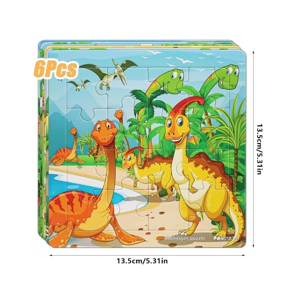 Delsen 6 Puzzle Dinosaure, Puzzles pour Enfants 3 Ans, Puzzle Cadre 3 Niveaux de Difficulté Différents, Puzzle Enfant 3 Ans C