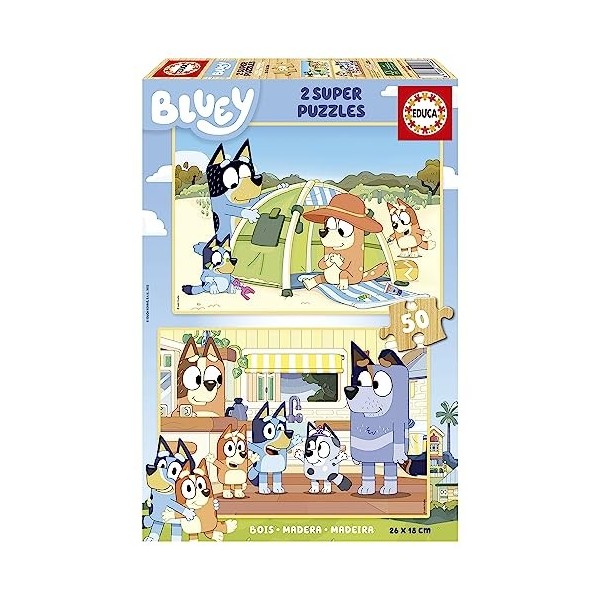 Educa - Bluey : Lot de 2 puzzles en bois pour enfants de 50 pièces chacun. Dimensions : 28 x 20 cm. Composé de grandes pièces