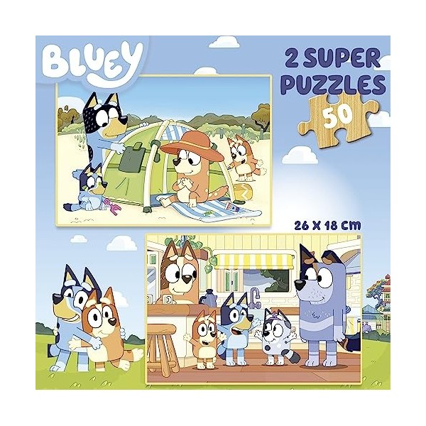 Educa - Bluey : Lot de 2 puzzles en bois pour enfants de 50 pièces chacun. Dimensions : 28 x 20 cm. Composé de grandes pièces