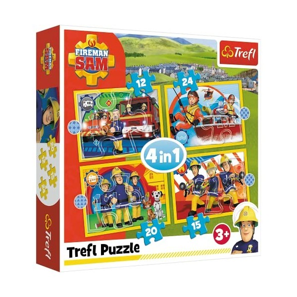 Trefl- Hilfreicher Feuerwehrmann, Fireman 12 à 24 Pièces 4 Sets pour Les Enfants à partir de 3 Ans Puzzle, 34373, Sam Le Pomp