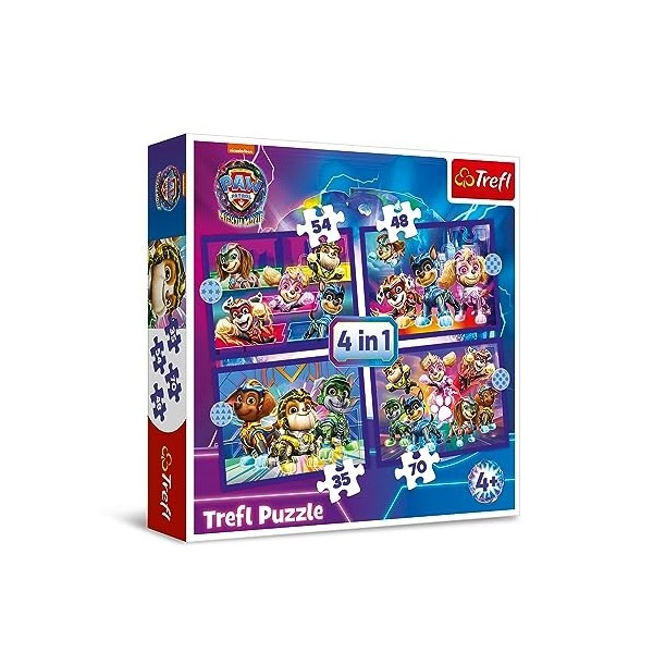 Trefl - Paw Patrol:The Mighty Movie, Héros à la Rescousse -Puzzles 4en1, 4 Puzzles, de 35 à 70 Pièces - Différents Niveaux de