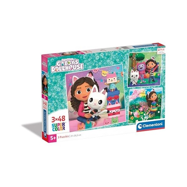 Clementoni- GabbyS Dollhouse Supercolor Dollhouse-3x48 Enfants 5 Ans, Boîte De 3 48 Pièces , Puzzle Dessin Animé-Fabriqué e