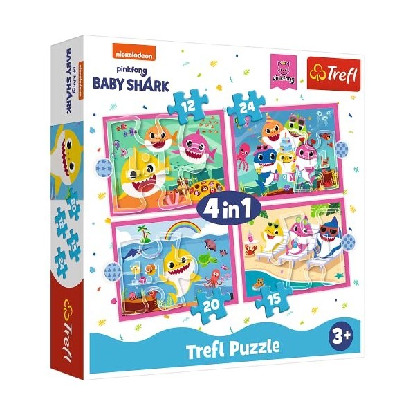 Trefl, Bébé 12 à 24 Pièces 4 Sets pour Enfants à partir de 3 Ans Puzzle, 34378, Requin Famille Baby Shark, Baby Hai Und Seine