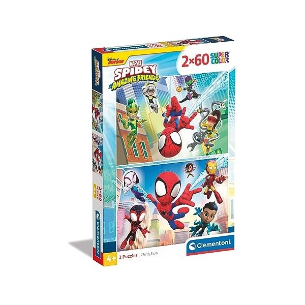 Clementoni- Marvel Spidey and His Amazing Friends Supercolor Friends-2x60 Enfants 4 Ans, Boîte De 2 60 Pièces , Puzzle Dessi