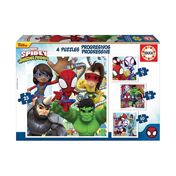 Educa - Spidey progressif et Ses Amis étonnants 12-16-20-25, 4 Puzzles en Carton progressif avec 12-16-20-25 pièces, Mesure a