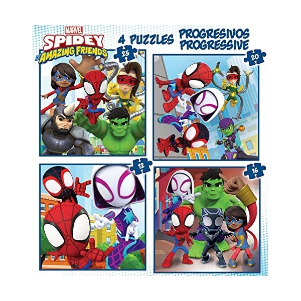 Educa - Spidey progressif et Ses Amis étonnants 12-16-20-25, 4 Puzzles en Carton progressif avec 12-16-20-25 pièces, Mesure a