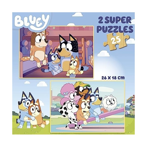 Educa - Bluey : Lot de 2 Puzzles en Bois pour Enfants de 25 pièces chacun. Dimensions: 26 x 18 cm. Composé de Grandes pièces 