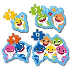 Clementoni My First Pinkfong Baby Shark Italy Enfant-boîte de 4 Puzzles 3, 6, 9 et 12 pièces -fabriqué en Italie, 2 Ans et 