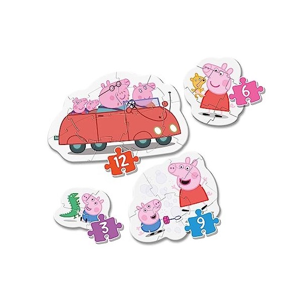 Clementoni Peppa Pig Enfant-boîte de 4 Puzzles 3, 6, 9 et 12 pièces -fabriqué en Italie, 2 Ans et Plus, 20829, No Color