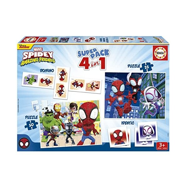 Educa - Superpack Spidey & Friends | Jeux de société et Puzzles pour Enfants: Domino, identique à 28 Cartes et 2 Puzzles de 2