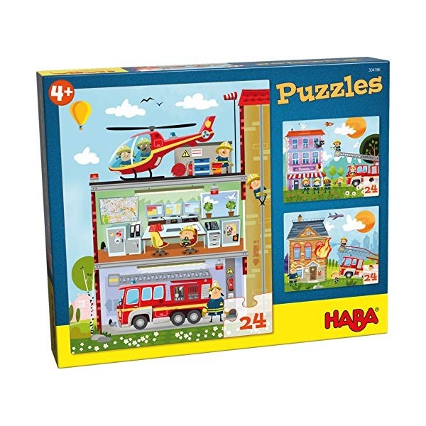 HABA 304186 - Puzzles Ma petite caserne de pompiers - 3 puzzles de 24 pièces chacun, 3 motifs différents de pompiers, puzzle 