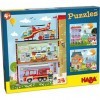 HABA 304186 - Puzzles Ma petite caserne de pompiers - 3 puzzles de 24 pièces chacun, 3 motifs différents de pompiers, puzzle 