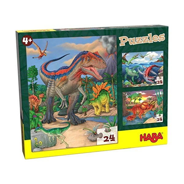 HABA Puzzles Dinosaures pour enfant-24 pièces-3 motifs sur le thème 4 ans +, 303377