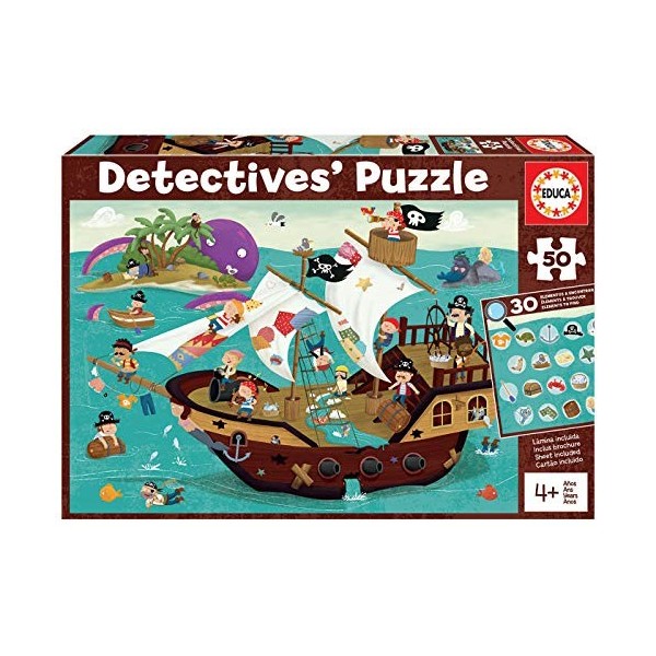 Educa - Detectives Puzzles, Bateau Pirate, Puzzle Enfant 50 pièces, Assemblez Le Puzzle et Trouvez Les Objets perdus, Plus 4
