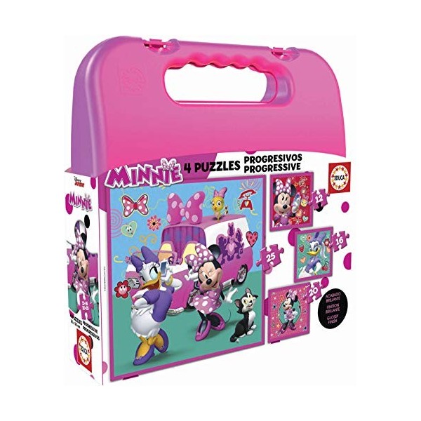 Educa - Disney Mickey Top Départ Malette Puzzles Progressifs Minnie et The Happy Helpers 12-16-20-25 , 17638, Cranberry