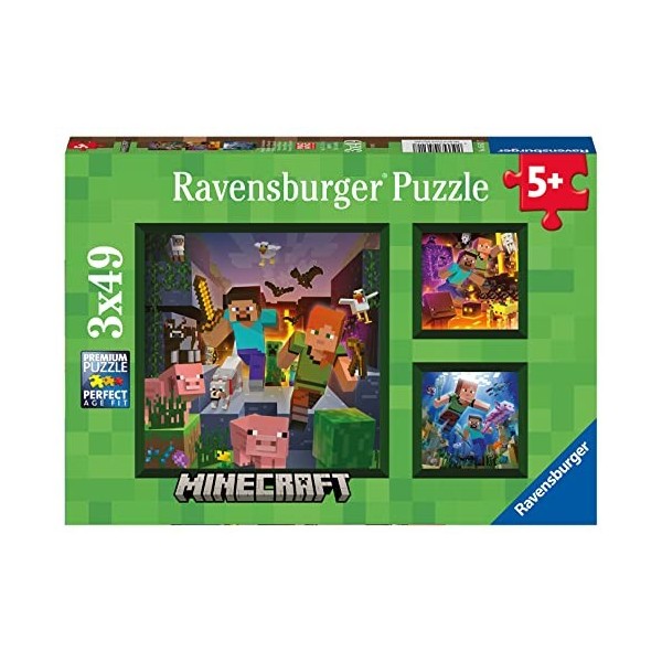 Ravensburger - Puzzle Enfant - Puzzles 3x49 p -Biomes de Minecraft - Dès 5 ans - 05621