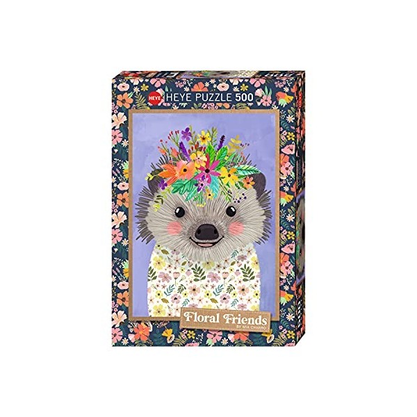 Heye- Tierwelt Puzzle, Funny Hedgehog, Floral Friends 500 Teile, Argent Silver 