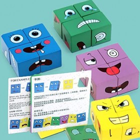 Coriver Jouet Montessori, Blocs de Construction à Changement de Visage, 16 Jouets Montessori Puzzle en Bois, Jouet éducatif d