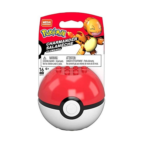 Mega Construx Pokemon Poké Ball et mini-figurine Salamèche à construire, jeu de briques de construction, 16 pièces, pour enfa