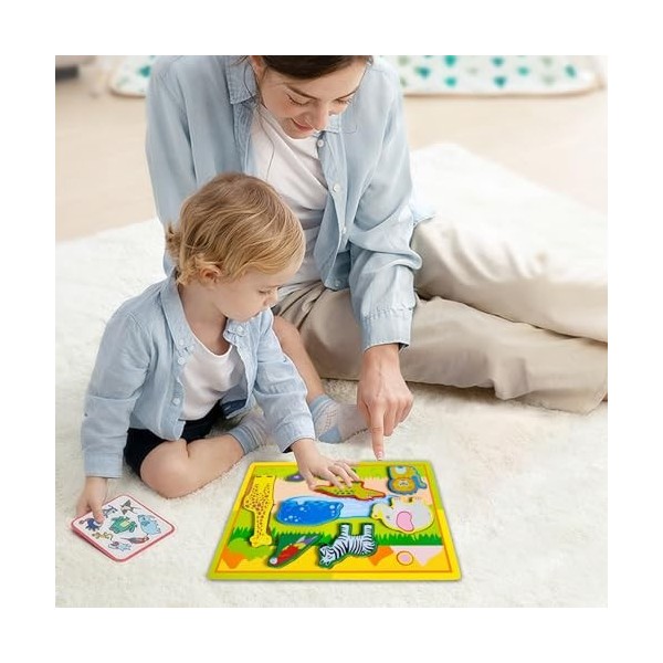 BOWCS Puzzles danimaux pour Tout-Petits, Gros Puzzle en Bois avec Formes danimaux, Jouets de motricité Fine pour, pour Cham