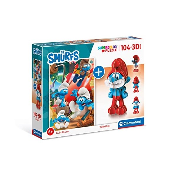 Clementoni 3D Pitufos + Puzzle 104pzs Does Not Apply The Smurfs Supercolor Smurfs-104 Model-104 pièces, 6 Ans Enfant Dessin a