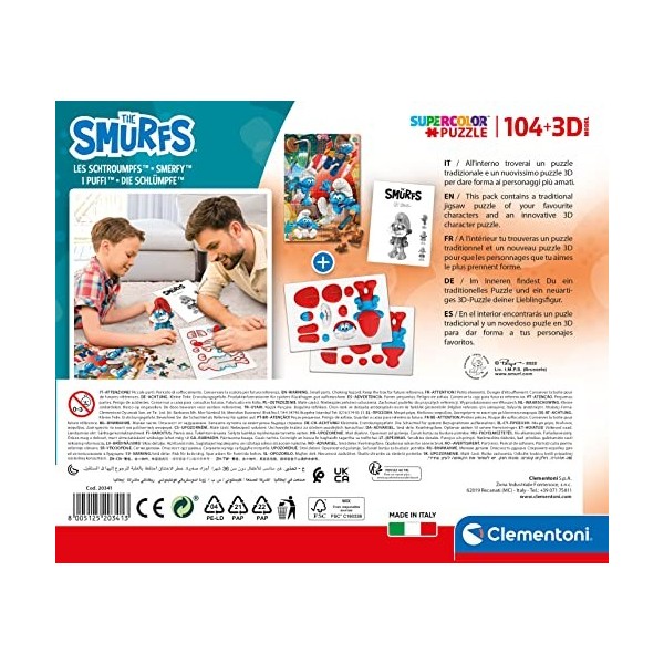 Clementoni 3D Pitufos + Puzzle 104pzs Does Not Apply The Smurfs Supercolor Smurfs-104 Model-104 pièces, 6 Ans Enfant Dessin a