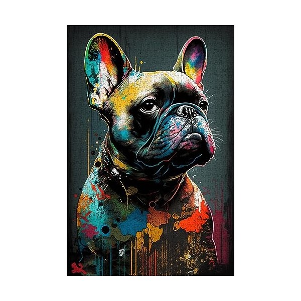 Puzzle Adulte 1000 Pièces Animal Popart - Chien Bouledogue Français - Décoration Murale - Cadre 50x75 cm - Qualité Premium Ca