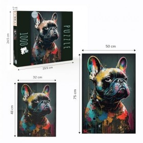 Puzzle Adulte 1000 Pièces Animal Popart - Chien Bouledogue Français - Décoration Murale - Cadre 50x75 cm - Qualité Premium Ca