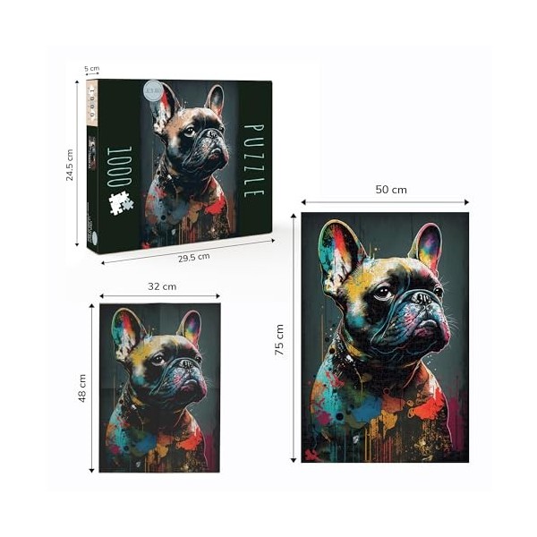 Puzzle Adulte 1000 Pièces Animal Popart - Chien Bouledogue Français - Décoration Murale - Cadre 50x75 cm - Qualité Premium Ca