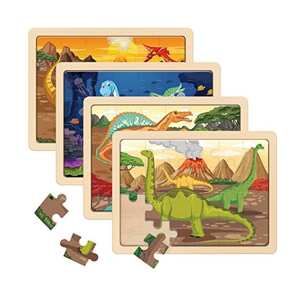 SYNARRY Dinosaure Puzzle en Bois Enfant pour 3 4 5 6 Ans, Puzzles de Dinosaures de 4×24 pièces, Jouet Educatif Préscolaire, J