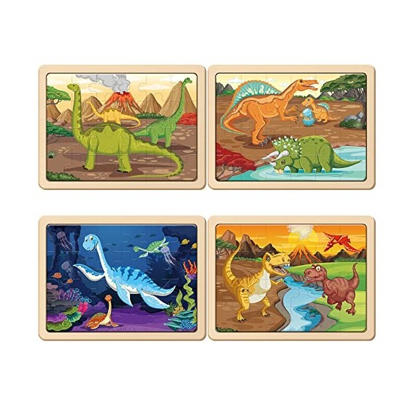 SYNARRY Dinosaure Puzzle en Bois Enfant pour 3 4 5 6 Ans, Puzzles de Dinosaures de 4×24 pièces, Jouet Educatif Préscolaire, J