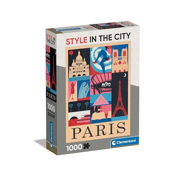 Clementoni- Style in The City Paris – 1000 pièces, Puzzle Ville, Illustrations dauteur, Vertical, Divertissement pour Adulte