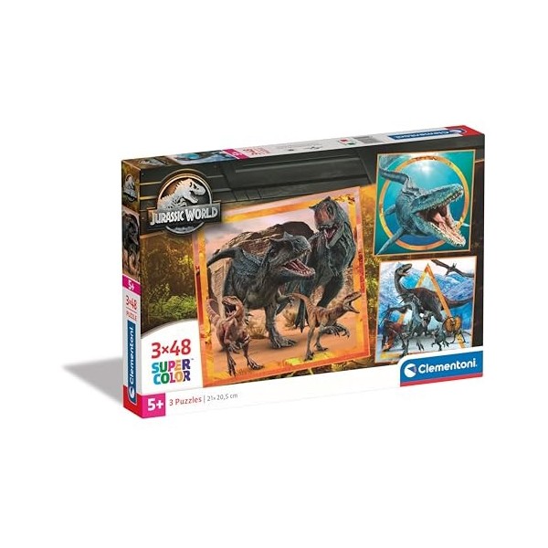 Clementoni Supercolor Jurassic World – 3 x 48 Comprend 3 48 pièces Enfants 5 Ans, Puzzle Dessins animés, fabriqué en Italie