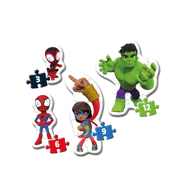 Clementoni My First Marvel Spidey and His Amazing Friends – 4 profilés de 12, 16, 20 et 24 pièces Enfants 2 Ans, Puzzle Dessi