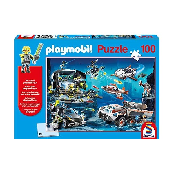 Schmidt Spiele- Playmobil Top Agents Puzzle 100 pièces pour Enfants, 56272, Bleu