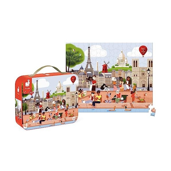 Janod - Puzzle Enfant Paris 200 Pièces - Jeu Educatif - Apprentissage Motricité Fine et Concentration - Valisette avec Poigné