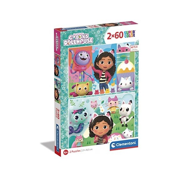 Clementoni- GabbyS Dollhouse Supercolor Dollhouse-2x60 Enfants 4 Ans, Boîte De 2 60 Pièces , Puzzle Dessin Animé-Fabriqué e
