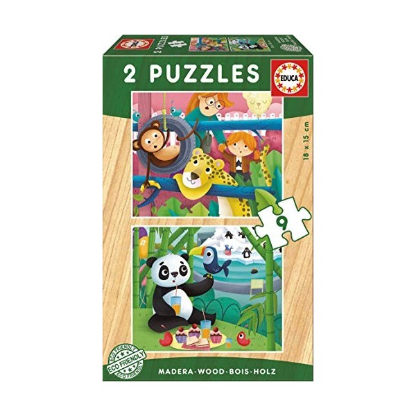 Educa - Pack de 2 Puzzles Bois Animaux du Zoo, 9 pièces, 17616