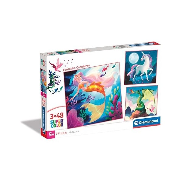 Clementoni- Supercolor Fantastic Creatures – 3 x 48 Comprend 3 48 pièces Enfants 5 Ans, Puzzle Fantaisie, Illustration, fab