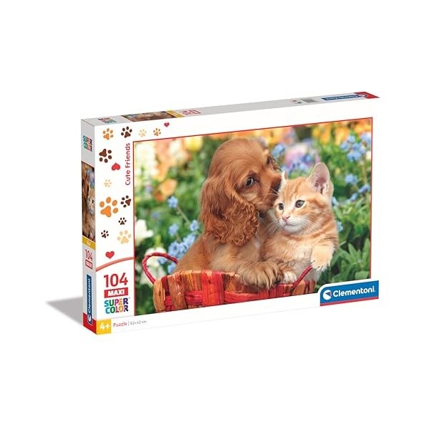 Clementoni- Supercolor Cute Friends – 104 Maxi pièces Enfants 4 Ans, Puzzle Animaux, Chien, Chat, fabriqué en Italie, 25763, 