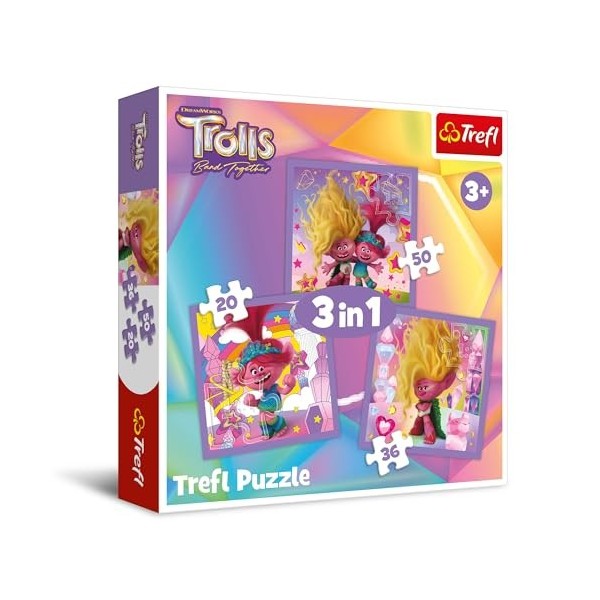 Trefl–Trolls Band Together, Découvrez Les Joyeux Trolles–Puzzles 3en1, de 20 à 50 Pièces – Puzzles Colorés avec des Personnag