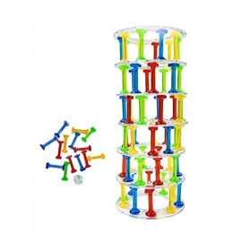 FIBOGOUP Le Jeu de Construction de Tour, Jeu de société Familial avec 64 piliers, 9 disques et 1 dé, Jouet de motricité Fine,