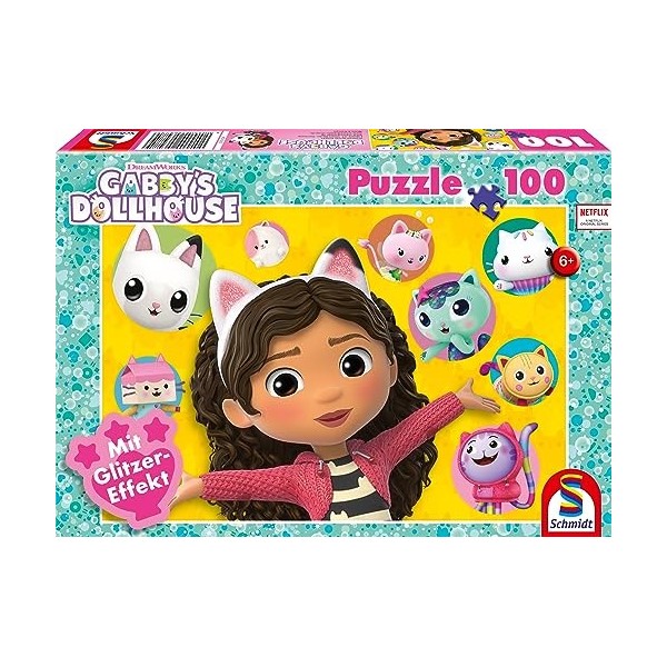 Schmidt Spiele 56475 Puzzle à Paillettes, Gabbby et Ses Amis, 100 pièces pour Enfants, Multicolore